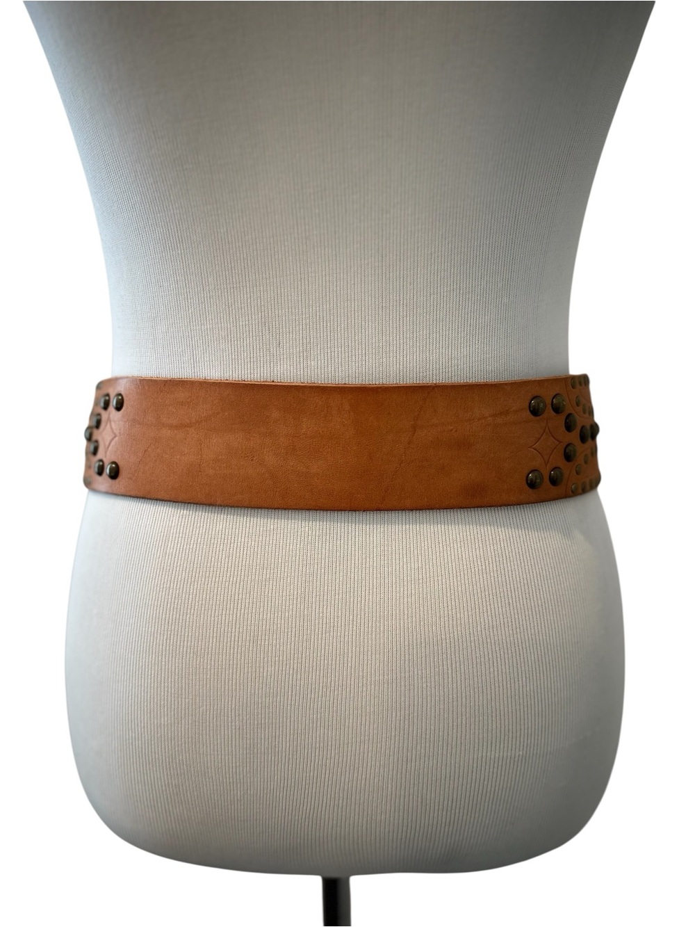 Wide Brown Leather Studded Waist Belt with Brass Buckle - Picture 2 of 14